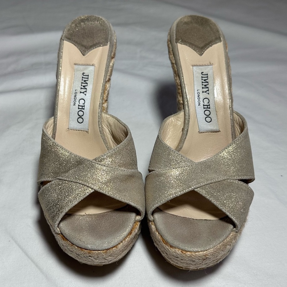 Jimmy Choo | Metallic Gold Espadrille Wedge Sandals | EU 37